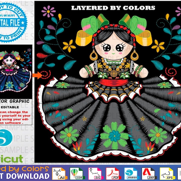 Mexican Doll Embroidery Texture svg - Rag Doll - Muñequita de trapo - Maria Doll - Doll -Vector - Viva Mexico - Amor a la mexicana - Vector