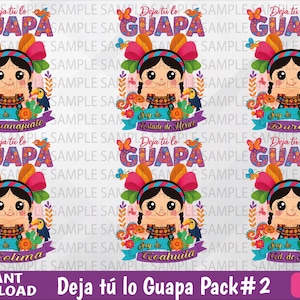 Puede incluir: Un diseño digital que presenta a una niña de dibujos animados con cabello trenzado, vestida con un vestido tradicional mexicano. El diseño incluye el texto "Deja tú lo Guapa" y varios nombres de estados. Mariposas, pájaros y elementos florales rodean a la niña.
