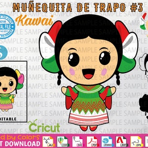 Puede incluir: Una ilustración digital de un personaje de dibujos animados lindo que lleva un vestido tradicional mexicano. El personaje tiene cabello negro, ojos grandes y una gran sonrisa. El vestido es verde, rojo y blanco con un patrón en zigzag. El texto "Muñequita de Trapo #3 Kawai" está en la parte superior de la imagen.