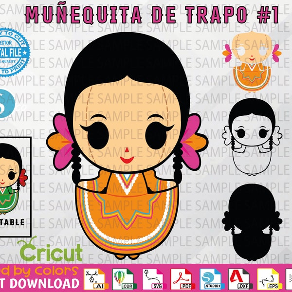 Muñequita de Trapo #1 - Mexican Doll #1 - Muñequita de trapo Vector -  Layered & Welded by colors -High Quality - Rag Doll- Instant Download