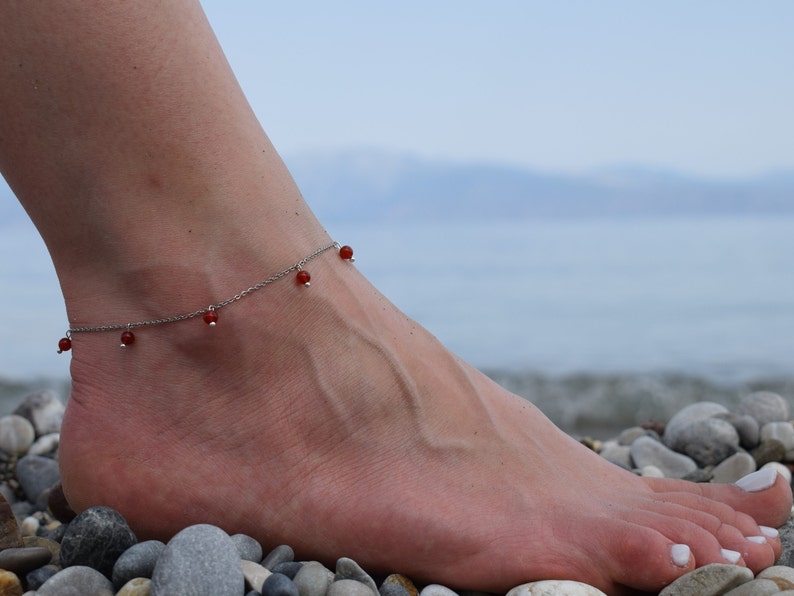 Carnelian Red Beaded Anklet, Surf Ethno Waterproof Bracelet, Boho Jewelry, Handmade Anklet, Stackable, Energy Healing Anklet, Summer image 5