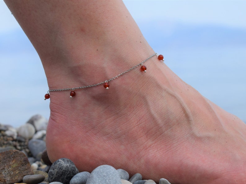 Carnelian Red Beaded Anklet, Surf Ethno Waterproof Bracelet, Boho Jewelry, Handmade Anklet, Stackable, Energy Healing Anklet, Summer image 1