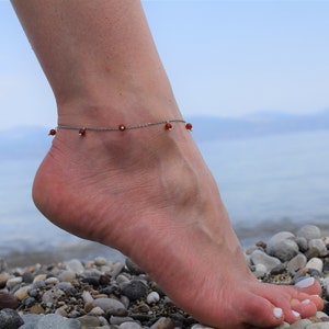 Carnelian Red Beaded Anklet, Surf Ethno Waterproof Bracelet, Boho Jewelry, Handmade Anklet, Stackable, Energy Healing Anklet, Summer image 3