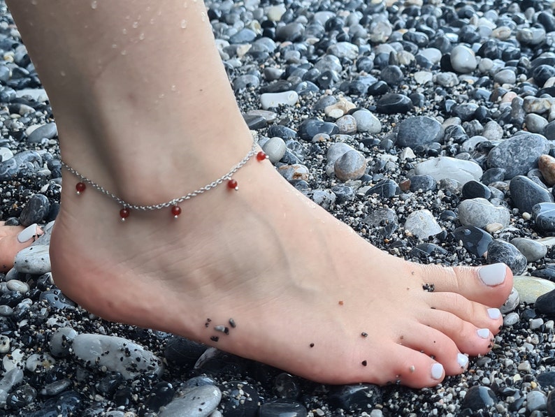 Carnelian Red Beaded Anklet, Surf Ethno Waterproof Bracelet, Boho Jewelry, Handmade Anklet, Stackable, Energy Healing Anklet, Summer image 4