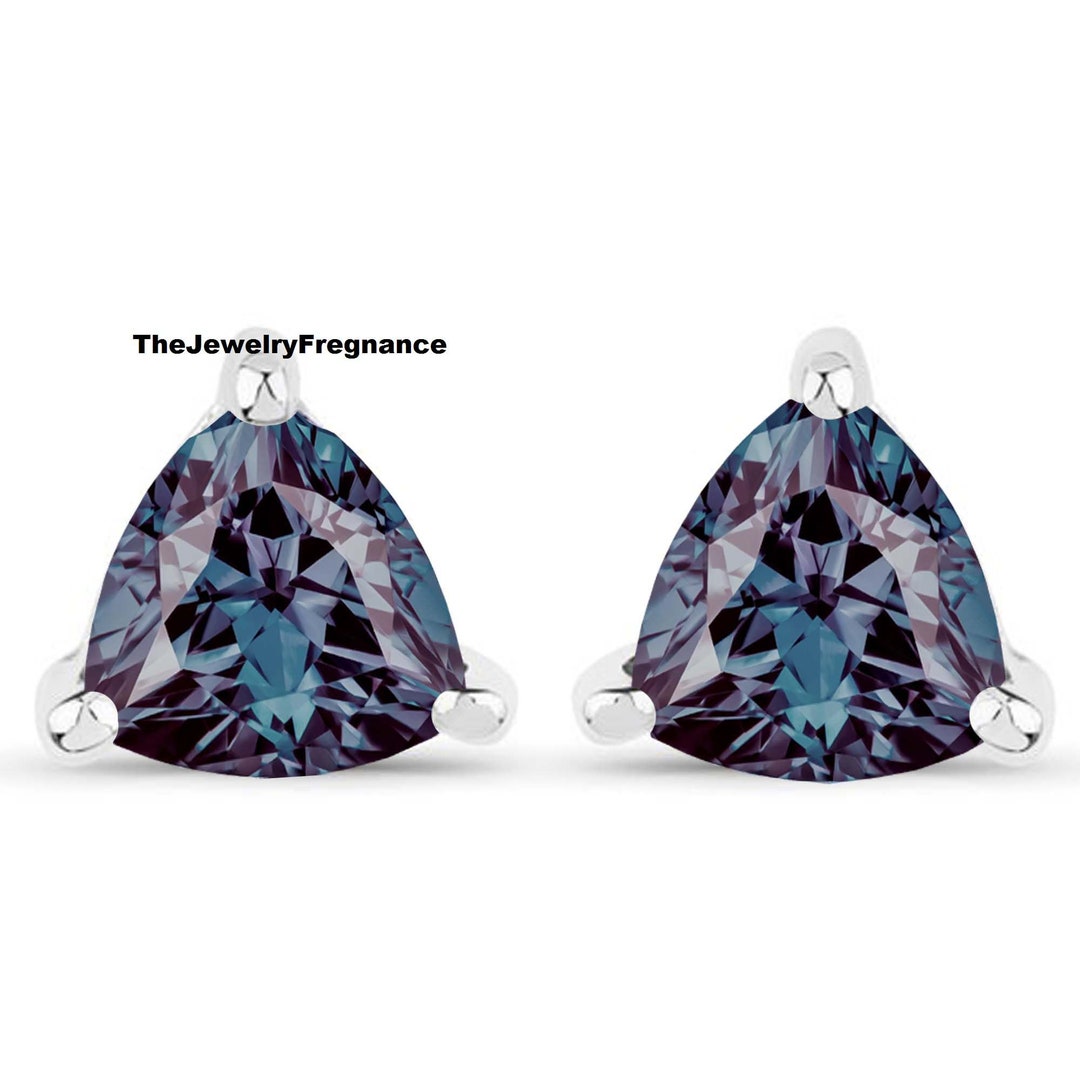 Alexandrite Stud Earrings, Trillion Cut Silver Earring, Elegant Color