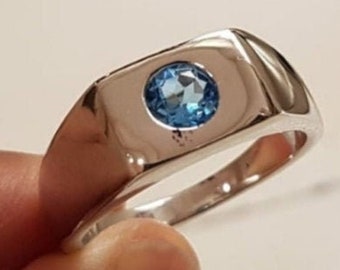 Natural Blue Topaz Men's Ring, 925 Sterling Silver Ring, Stylish Men's Ring, December Birthstone Ring, Wedding Engagement Ring