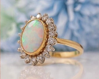 Natural Opal Gold Plated Ring /Opal Cabochon Ring / Wedding Ring/ 925 Sterling Silver Ring / Anniversary Gift / Engagement Ring/ New Sale