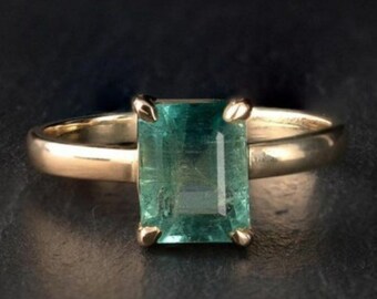 14K Gold Square Emerald Ring, Natural Gemstone Rings, Made To Order Yellow White Rose Gold Options