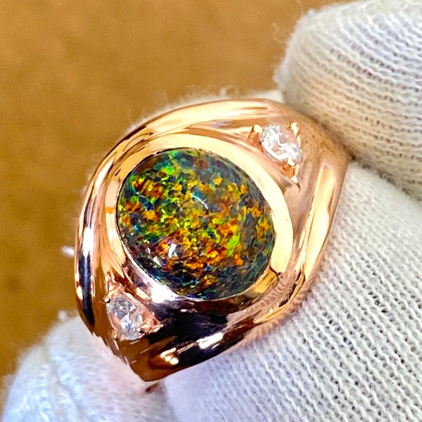 Natural Black Opal Men's Ring, Unique Fire Black Opal Men Ring, October Birthstone Ring, Oval Opal Ring, Men Engagement Ring, Ring For Him