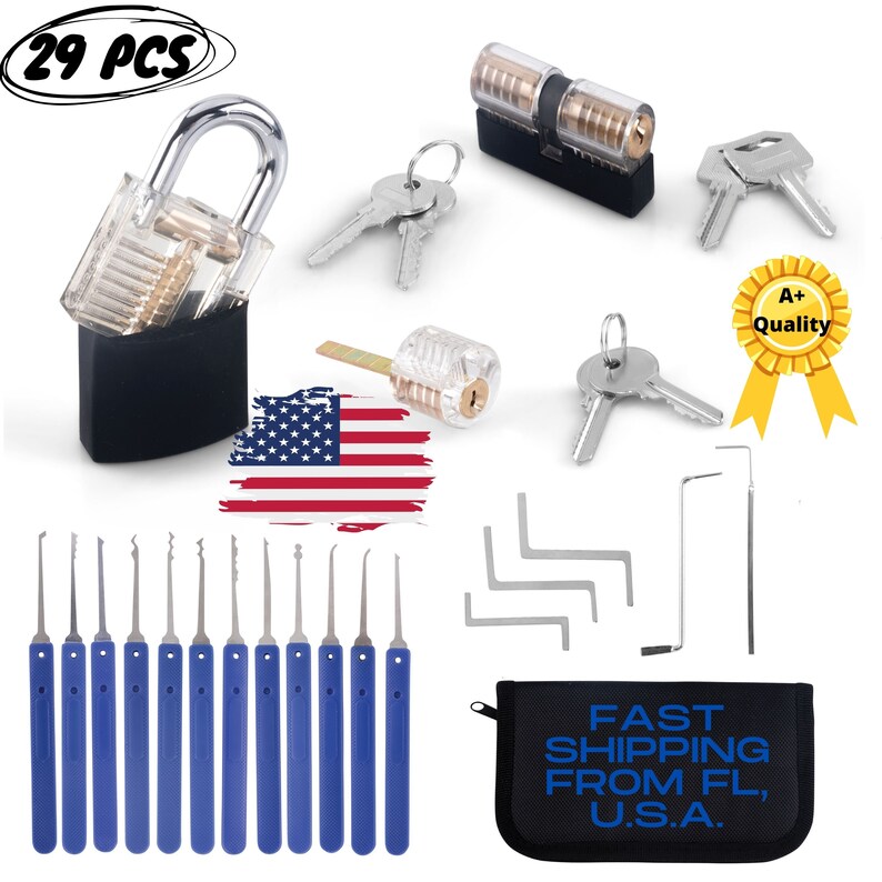 Beginner Practice Lock Pick Set with Instructions, Professional Lock Picking Tool Set with 3 Clear Locks and 17 pcs Tools Locksport