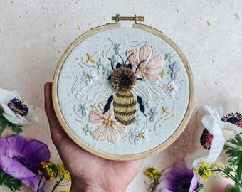 Embroidery Kit: HoneyBee, Garden, Floral DIY Kit for Intermediate & Advanced Levels