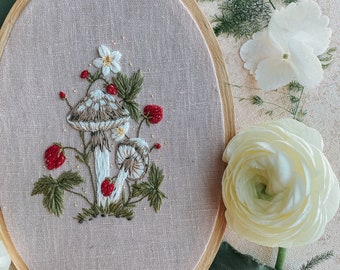 Embroidery Pattern:  Strawberry Patch, Mushroom, PDF pattern, beginner embroidery, diy embroidery art, botanical embroidery.