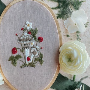 Embroidery Pattern:  Strawberry Patch, Mushroom, PDF pattern, beginner embroidery, diy embroidery art, botanical embroidery.