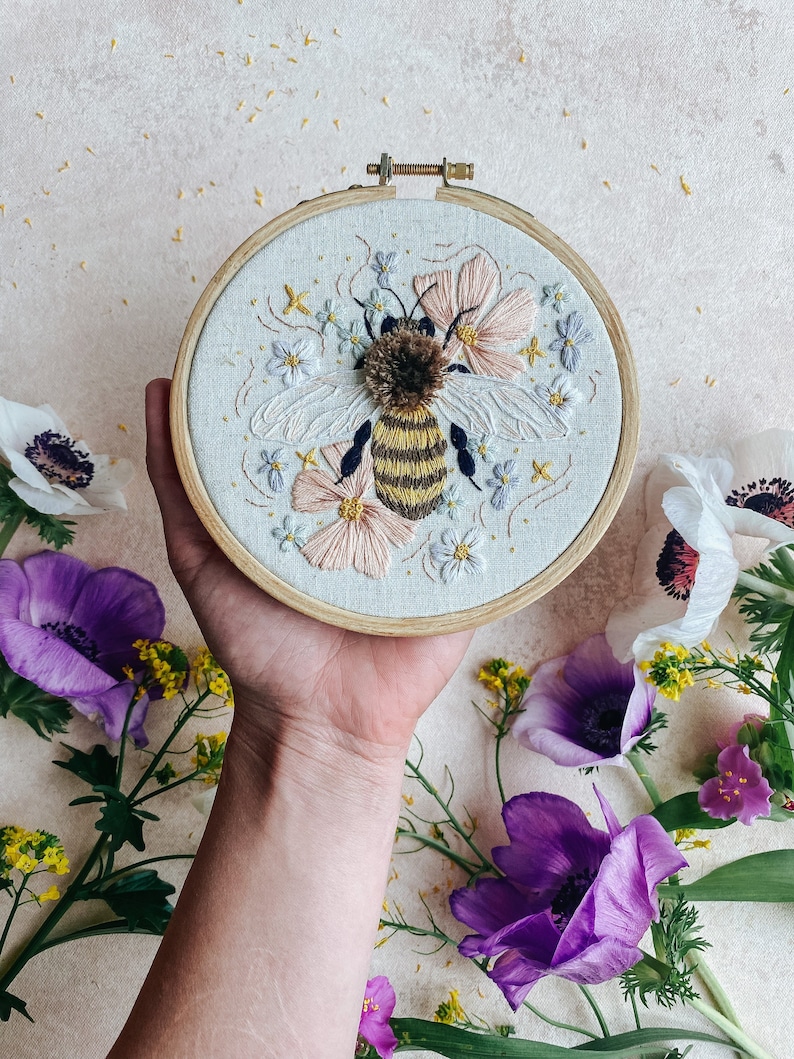 Embroidery Kit: HoneyBee, Garden, Floral DIY Kit for Intermediate & Advanced Levels image 1