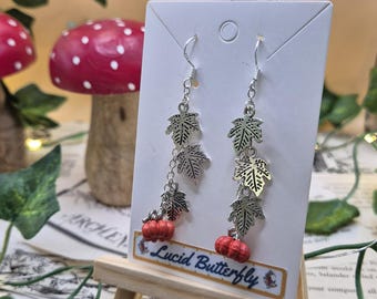 Pumpkin and leaves earrings / Autumn earrings / fall jewellery / Halloween jewellery / Pumpkin jewellery / Pumpkin spice / Bookish jewellery