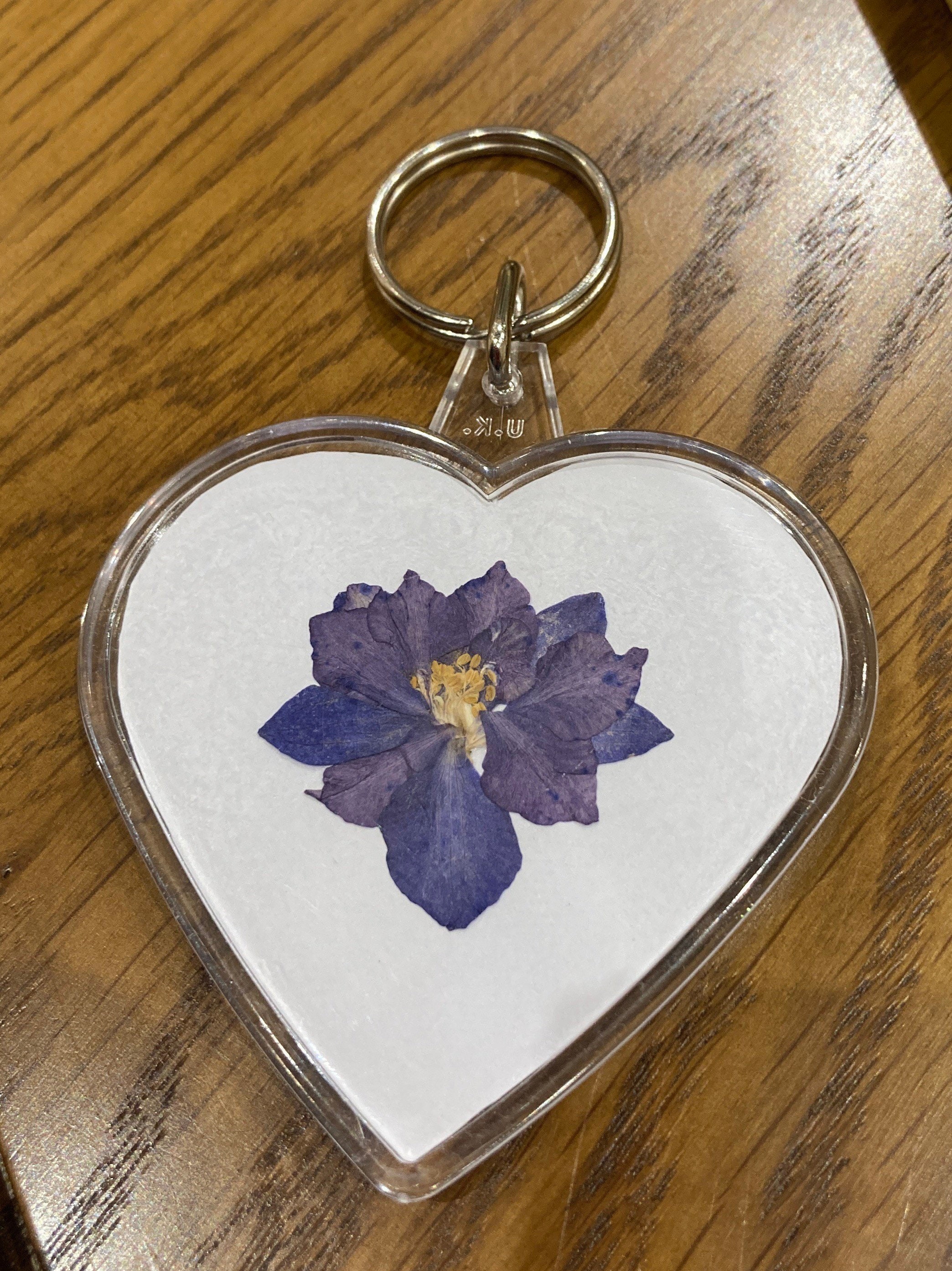 Pressed Flower Heartshaped Keyring With Real Pressed Blue Larkspur