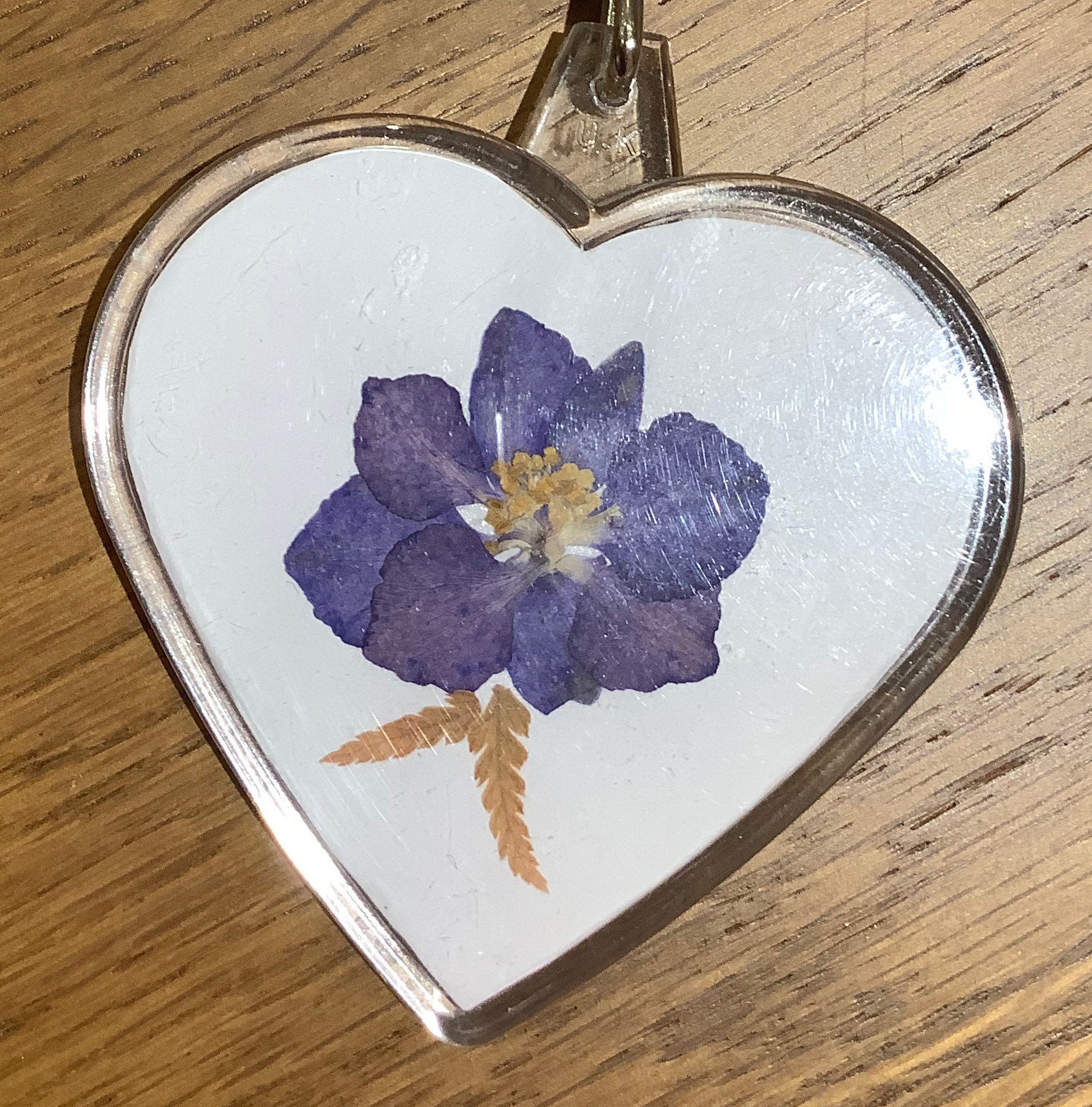 Pressed Flower Heartshaped Keyring With Real Pressed Blue Larkspur