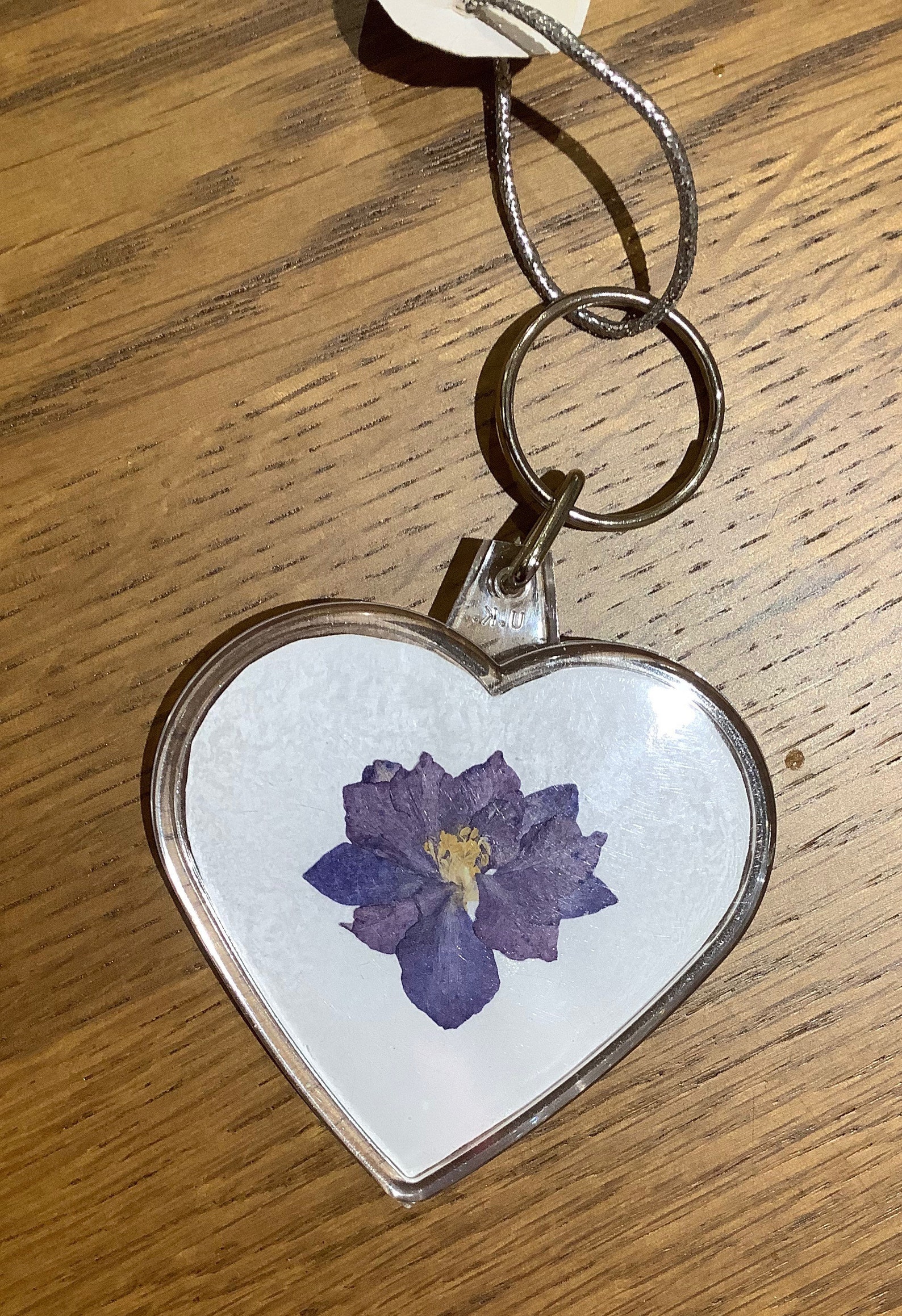 Pressed Flower Heartshaped Keyring With Real Pressed Blue Larkspur
