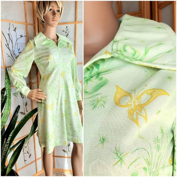 70s Dagger Collar Butterfly Print Fit & Flare Dress, Green and Yellow Novelty Print Dress, Size Small S