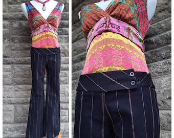 Y2K 2000s Black & Pink Flared Pinstripe Stretch Pants, Low Rise Bell Bottoms w/ Button Waist, Size Medium M/ Large L