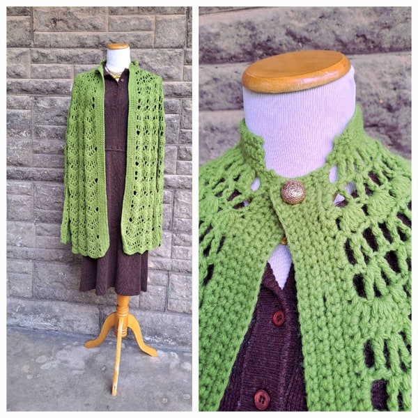 Vintage 1970s Apple Green Crochet Cape, Knit Open Weave Poncho, One Size Fits Most