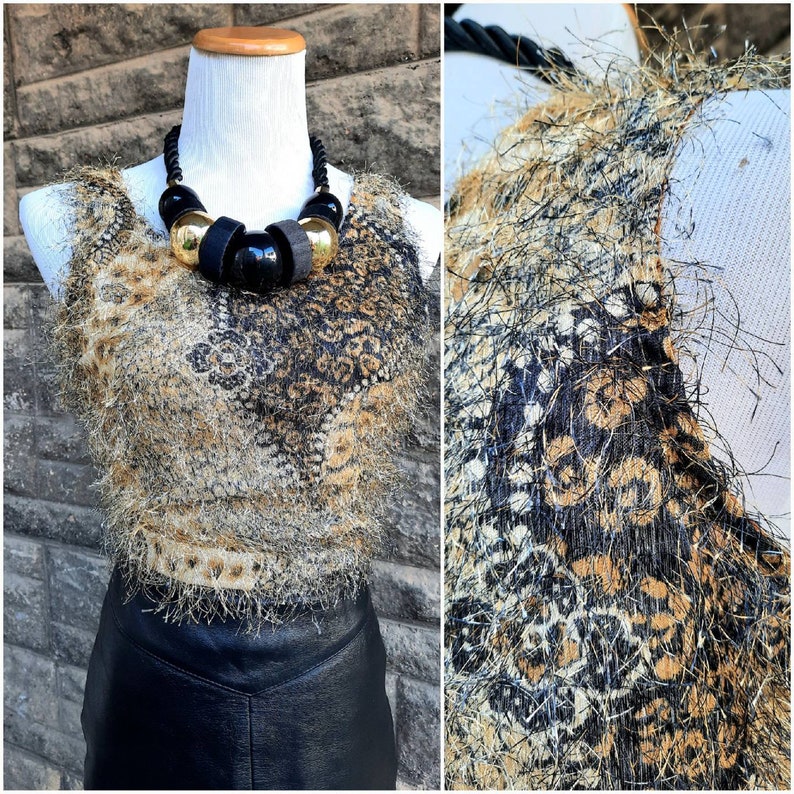 Vintage 90s Psychedelic Eyelash Tank Top, Beige Gold & Black Abstract Print Fuzzy Top, Size Small S image 1