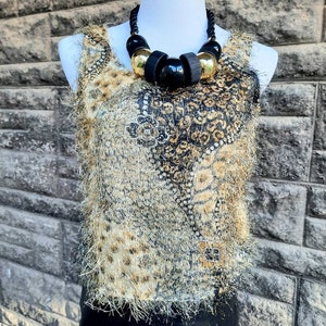 Vintage 90s Psychedelic Eyelash Tank Top, Beige Gold & Black Abstract Print Fuzzy Top, Size Small S image 3