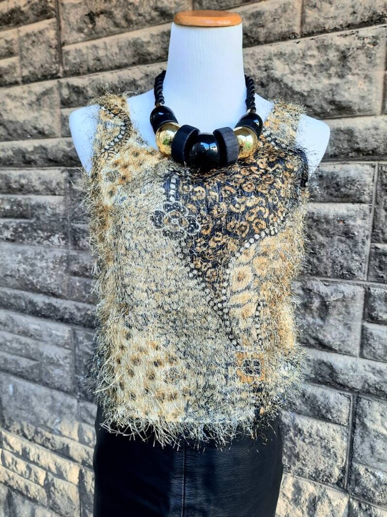 Vintage 90s Psychedelic Eyelash Tank Top, Beige Gold & Black Abstract Print Fuzzy Top, Size Small S image 3