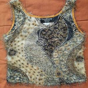 Vintage 90s Psychedelic Eyelash Tank Top, Beige Gold & Black Abstract Print Fuzzy Top, Size Small S image 2