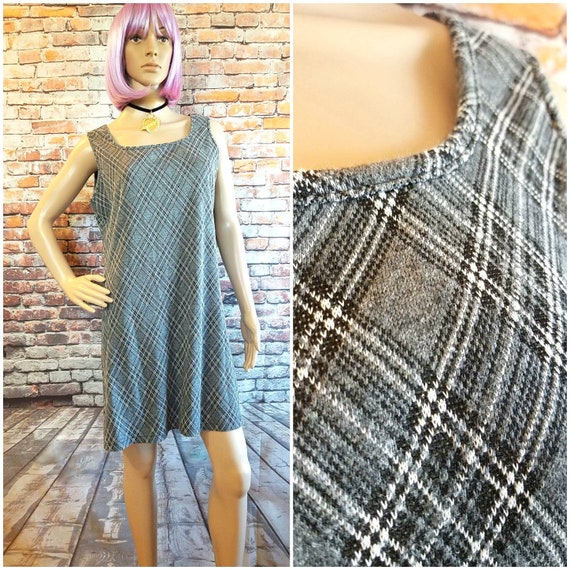 90s Grey Plaid Mini Dress by Fiorlini Square Neckline Size | Etsy