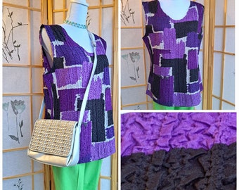 Vintage 90s Y2K 2000s Abstract Purple Color Block Ruched Tank Top