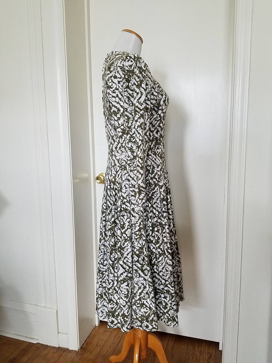 80s Howard Wolf Soft Abstract Print Olive Green and White Full Skirt ...