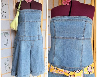 Vintage Y2k Strapless Stretch Denim Gaucho Jumpsuit Romper, Size 1X 2X Plus Size Volup