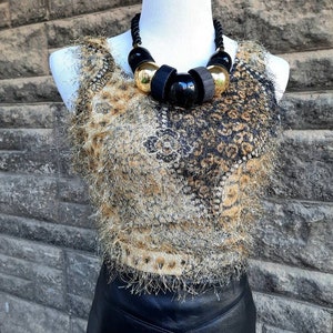 Vintage 90s Psychedelic Eyelash Tank Top, Beige Gold & Black Abstract Print Fuzzy Top, Size Small S image 8