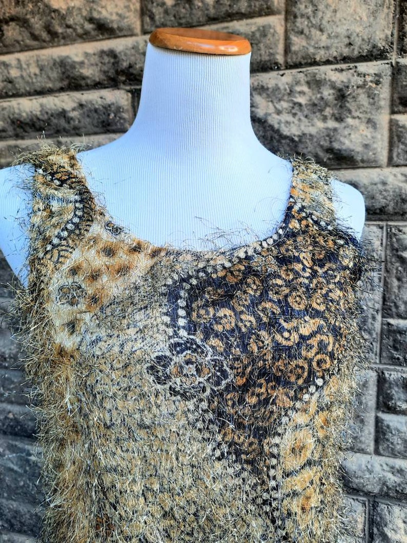 Vintage 90s Psychedelic Eyelash Tank Top, Beige Gold & Black Abstract Print Fuzzy Top, Size Small S image 9