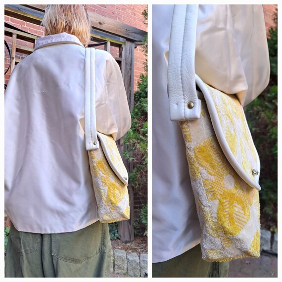 Vintage 70s Carpet Bag by Spilene, Yellow & White… - image 2