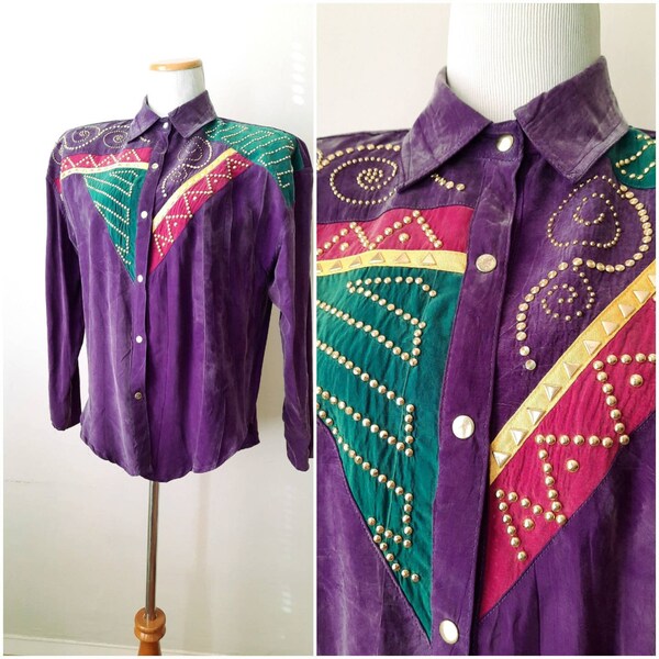 80s Gold Stud Bedazzled Purple Shirt w/ Geometric Patches, Pointed Collar & Snap Buttons, Bold Silky Soft Button Down Shirt, Size Medium M