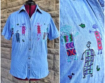 Vintage 90s Denim Button Up Shirt w/ Embroidered Abstract People Designs