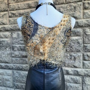 Vintage 90s Psychedelic Eyelash Tank Top, Beige Gold & Black Abstract Print Fuzzy Top, Size Small S image 6