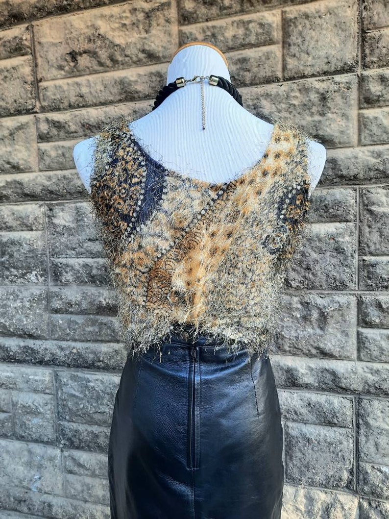 Vintage 90s Psychedelic Eyelash Tank Top, Beige Gold & Black Abstract Print Fuzzy Top, Size Small S image 6