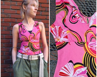 Vintage Y2K Pink Psychedelic Floral Stretch Tabk Top, Size Small S