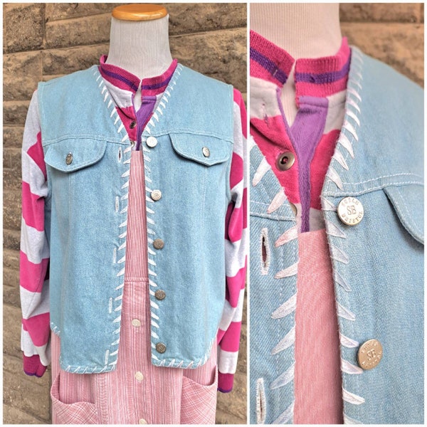 Vintage 1990s Light Wash Denim Vest by Susan Bristol w/ Ribbon Stitch Border, Size Medium M Large L