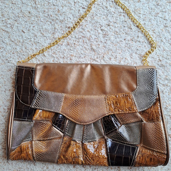 Vintage Bronze Metallic Mixed Material Animal Print Purse w/ Gold Chain Strap