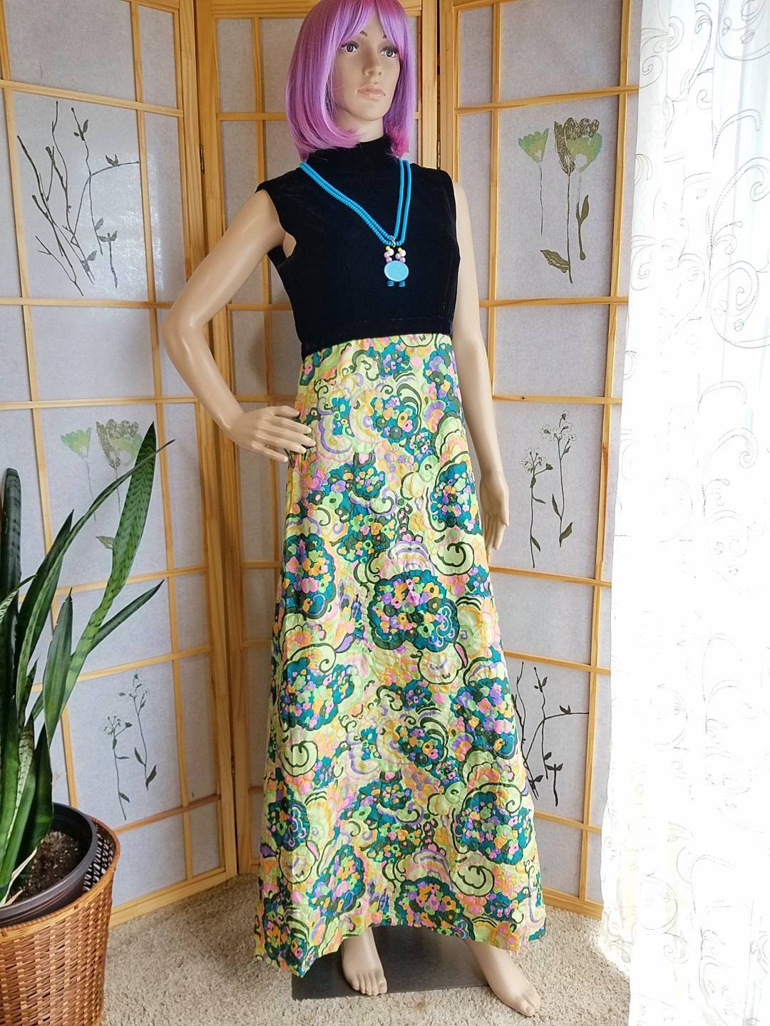 60s Black Velvet & Psychedelic Print Maxi Dress Size Small S - Etsy