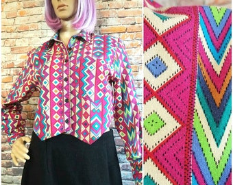 80s Neon Psychedelic Southwestern Cropped Blouse w/ Buttons & Collar, Size Small S