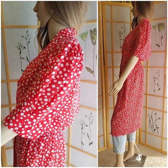 80s Red & White Spotted Dress by Leslie Fay, Cinched Waist W/ MOP