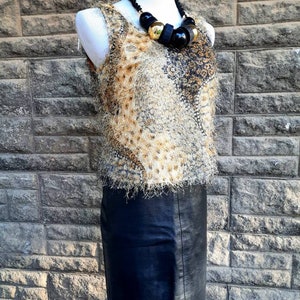 Vintage 90s Psychedelic Eyelash Tank Top, Beige Gold & Black Abstract Print Fuzzy Top, Size Small S image 7