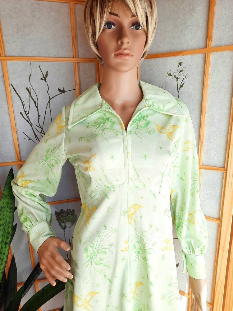 70s Dagger Collar Butterfly Print Fit & Flare Dress Green and - Etsy