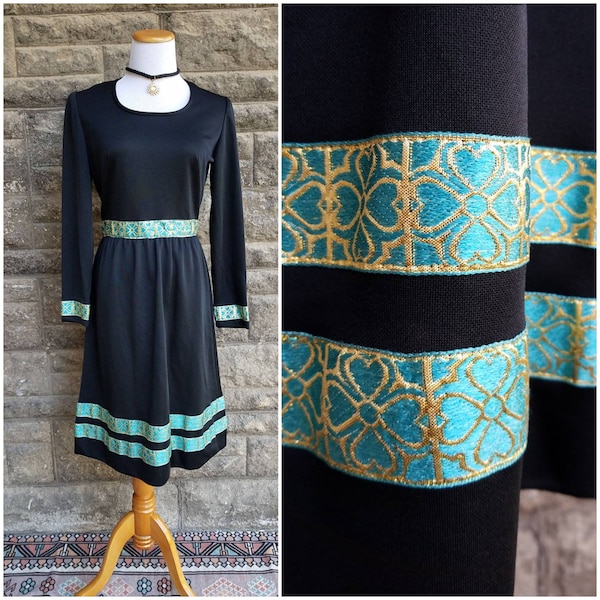 60s 70s Black Dress by Leslie Fay, Blue & Gold Border Trim, Folk Style Knee Length Dress, Size Small S