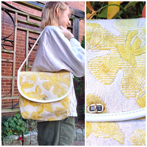 Vintage 70s Carpet Bag by Spilene, Yellow & White… - image 3